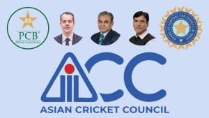 Asian Cricket Council graphic featuring PCB and BCCI logos along with images of Sumair Ahmed, Mohsin Naqvi, and Mansukh Mandaviya, highlighting 2025 cricket governance discussions.