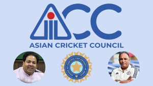 Asian Cricket Council (ACC) and BCCI logos displayed with images of cricket administrators Rajeev Shukla and Devajit Saikia on a light blue background.