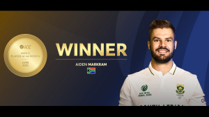 Aiden Markram named ICC Men’s Player of the Month for June 2025, shown smiling in South Africa cricket kit beside a gold winner medal graphic.