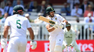 Aiden Markram of South Africa plays a shot during the ICC World Test Championship Final, wearing the team’s white kit.