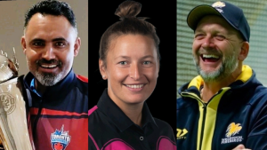 Portrait collage of Amarinder Bhinder, Hayley Jensen, and Shane Jurgensen, representing cricket coaches and players from various teams.
