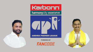 Sana Sathish Babu and Kesineni Sivanath pictured with the Andhra Premier League (APL) logo, sponsored by Karbonn and Fancode