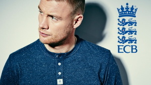 Andrew Flintoff looking to the side with the England and Wales Cricket Board (ECB) logo in the background