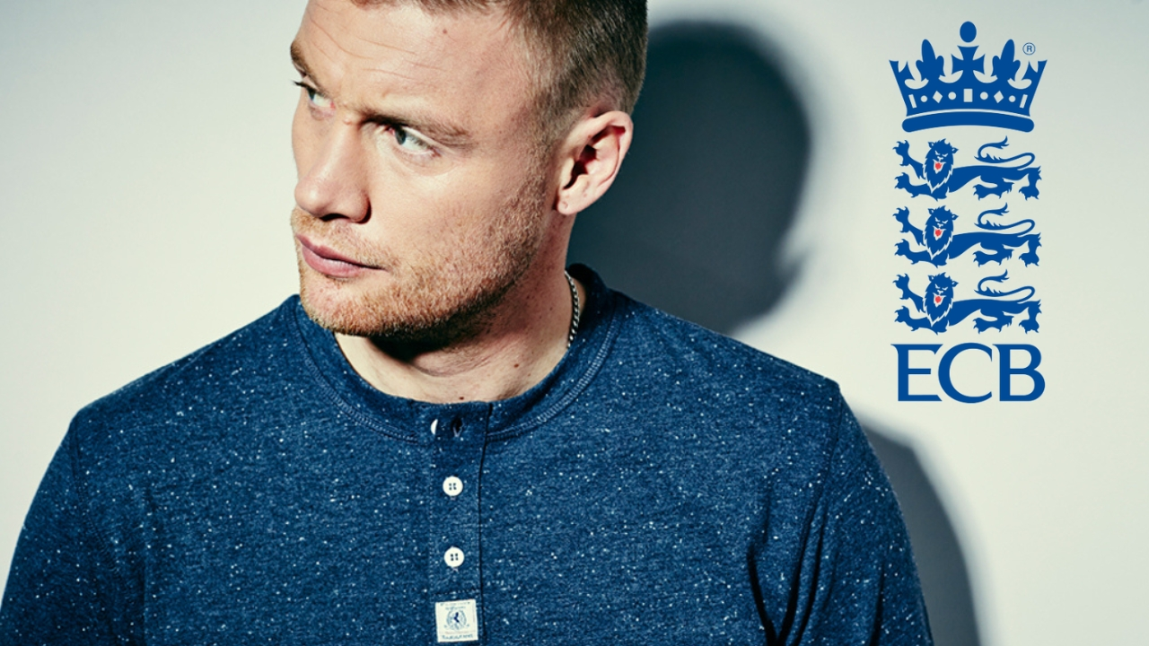 Andrew Flintoff looking to the side with the England and Wales Cricket Board (ECB) logo in the background