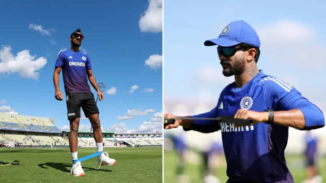 Indian cricketer Arshdeep Singh trains on the field while Nitish Kumar Reddy is ruled out due to injury ahead of a 2025 match.