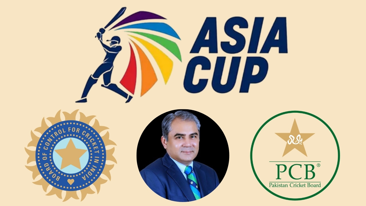 Asia Cup 2025 graphic featuring logos of BCCI and PCB along with a photo of Mohsin Naqvi, highlighting cricket governance and tournament context.