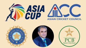 Logos of Asia Cup, Asian Cricket Council (ACC), BCCI, and PCB with an image of Mohsin Naqvi, highlighting cricket governance and administration in Asia.