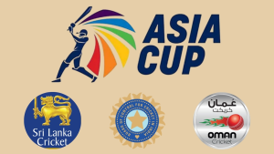 Asia Cup logo displayed alongside the official logos of the Asian Cricket Council (ACC), Board of Control for Cricket in India (BCCI), Sri Lanka Cricket, and Oman Cricket on a beige background.