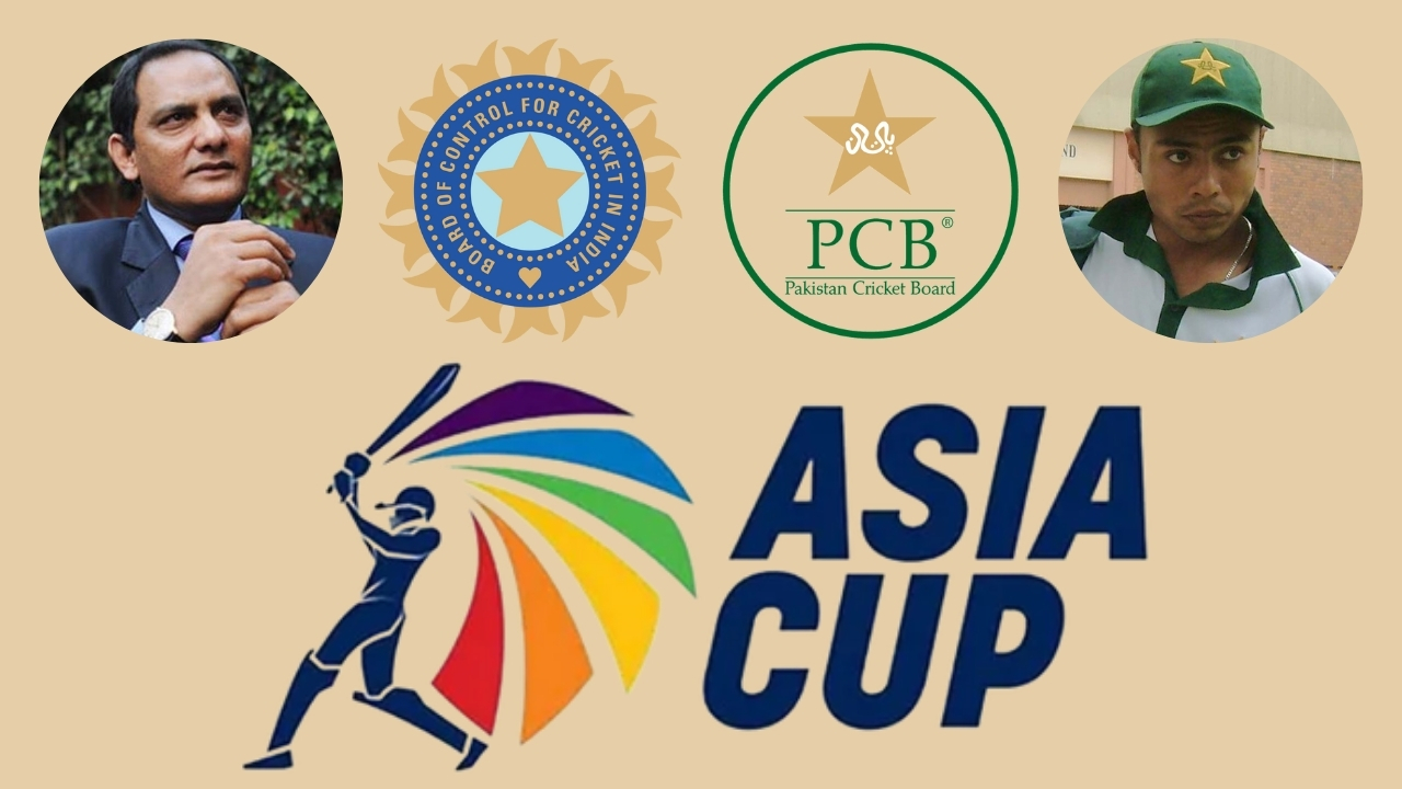Collage featuring the Asia Cup logo alongside the BCCI and PCB logos, with images of former cricketers Mohammad Azharuddin and Danish Kaneria.