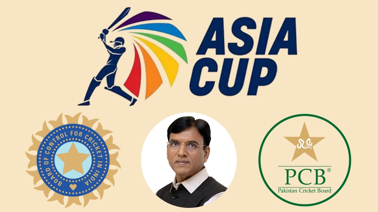 Asia Cup logo alongside BCCI and PCB logos, featuring India’s Sports Minister Mansukh Mandaviya in the center.