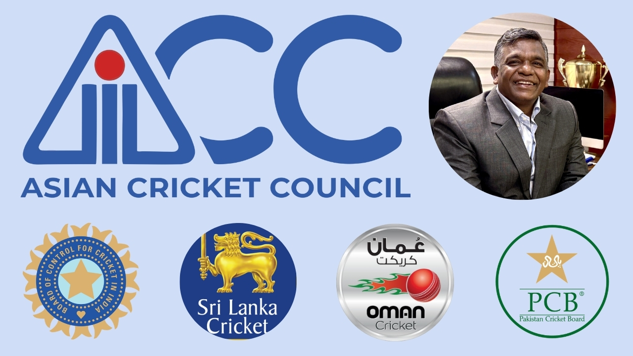 Asian Cricket Council logo with BCCI, Sri Lanka Cricket, Oman Cricket, and Pakistan Cricket Board logos, featuring Aminul Islam smiling in office setting.