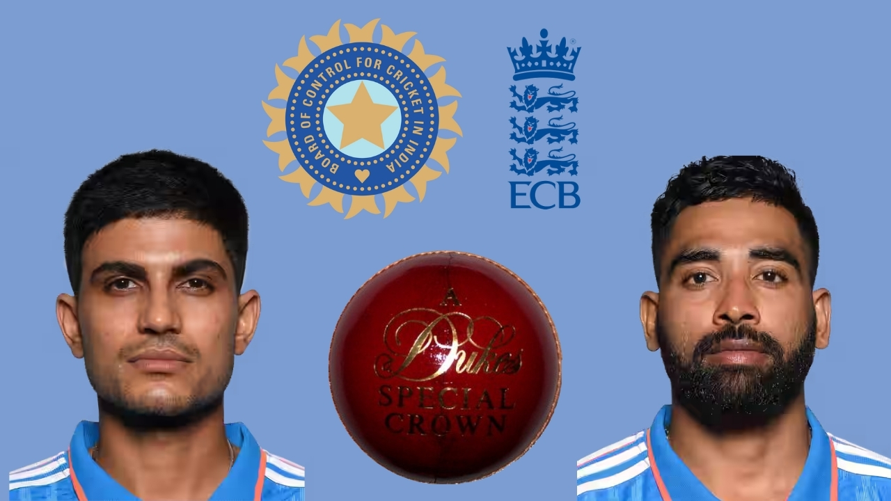 Shubman Gill and Mohammed Siraj in Indian jerseys with BCCI and ECB logos above and a Dukes Test cricket ball in the center.