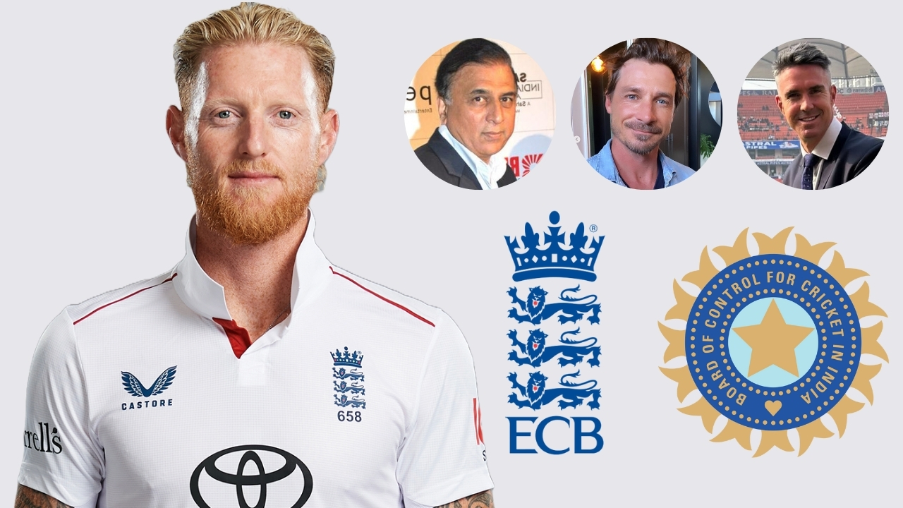 England cricketer Ben Stokes alongside images of Sunil Gavaskar, Dale Steyn, and Kevin Pietersen, with BCCI and ECB logos representing international cricket connections.