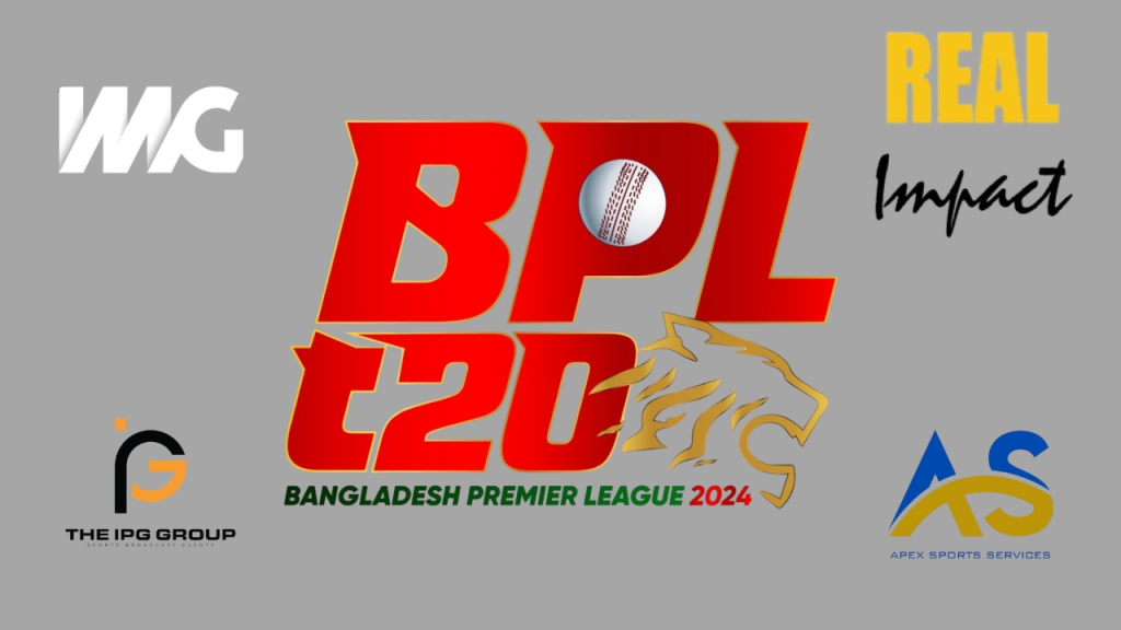 Logos of Bangladesh Premier League 2024 along with sponsors and partners including IMG, IPG Group, Real Impact, and Apex Sports Services.