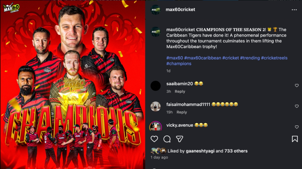 Caribbean Tigers cricket team celebrate winning Season 2 of the Max60 Caribbean tournament with a vibrant graphic showing players and the Champions title.