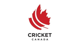 Cricket Canada official logo featuring a stylized red maple leaf combined with cricket ball seam elements on a white background.