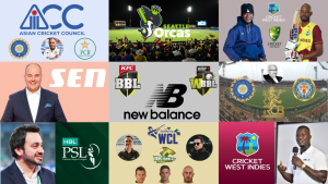 Collage of various cricket league logos, teams, broadcasters, and personalities including the Asian Cricket Council, Seattle Orcas, Cricket West Indies, BBL, PSL, and others.