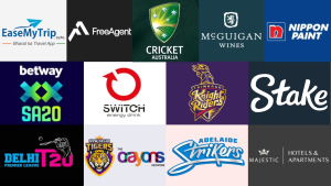 Compilation of logos from global cricket sponsors and teams including Cricket Australia, Trinbago Knight Riders, SA20, Delhi T20, Stake, and more.