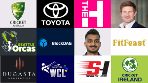 Collage of cricket-related sponsors and brands including Cricket Australia, Toyota, Seattle Orcas, BlockDAG, FitFeast, Dugasta Properties, WCL, Sports Hub, and Cricket Ireland, along with player and executive photos.