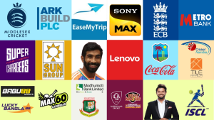 Collage of various cricket team and sponsor logos including Middlesex Cricket, ECB, West Indies, BCB, Sun Group, Lenovo, Coca-Cola, and others, featuring Jasprit Bumrah and Suresh Raina.