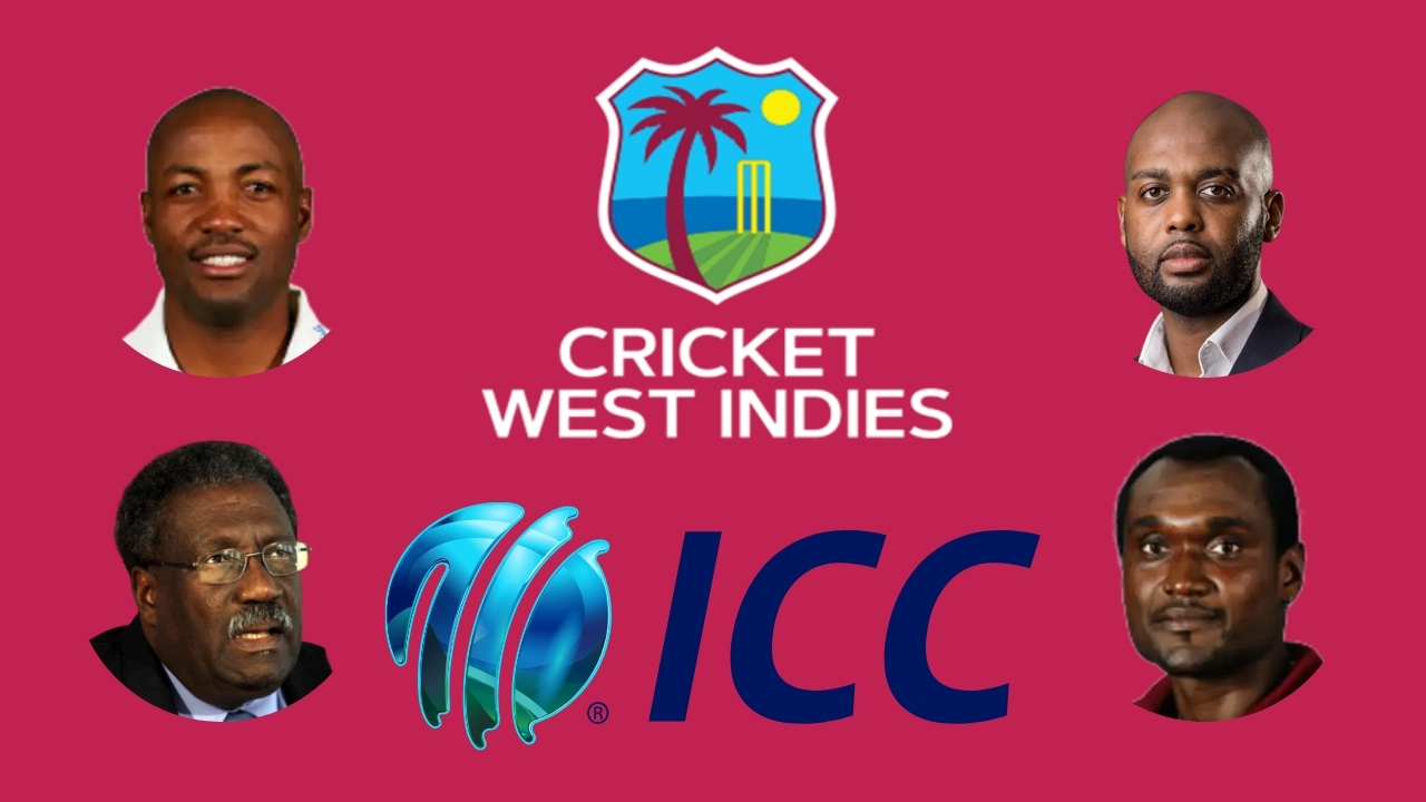 Logos of Cricket West Indies (CWI) and ICC with photos of legendary cricketers Brian Lara, Kishore Shallow, Clive Lloyd, and Carl Hooper on a maroon background.
