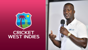 Darren Sammy speaking with a microphone alongside the Cricket West Indies (CWI) logo.
