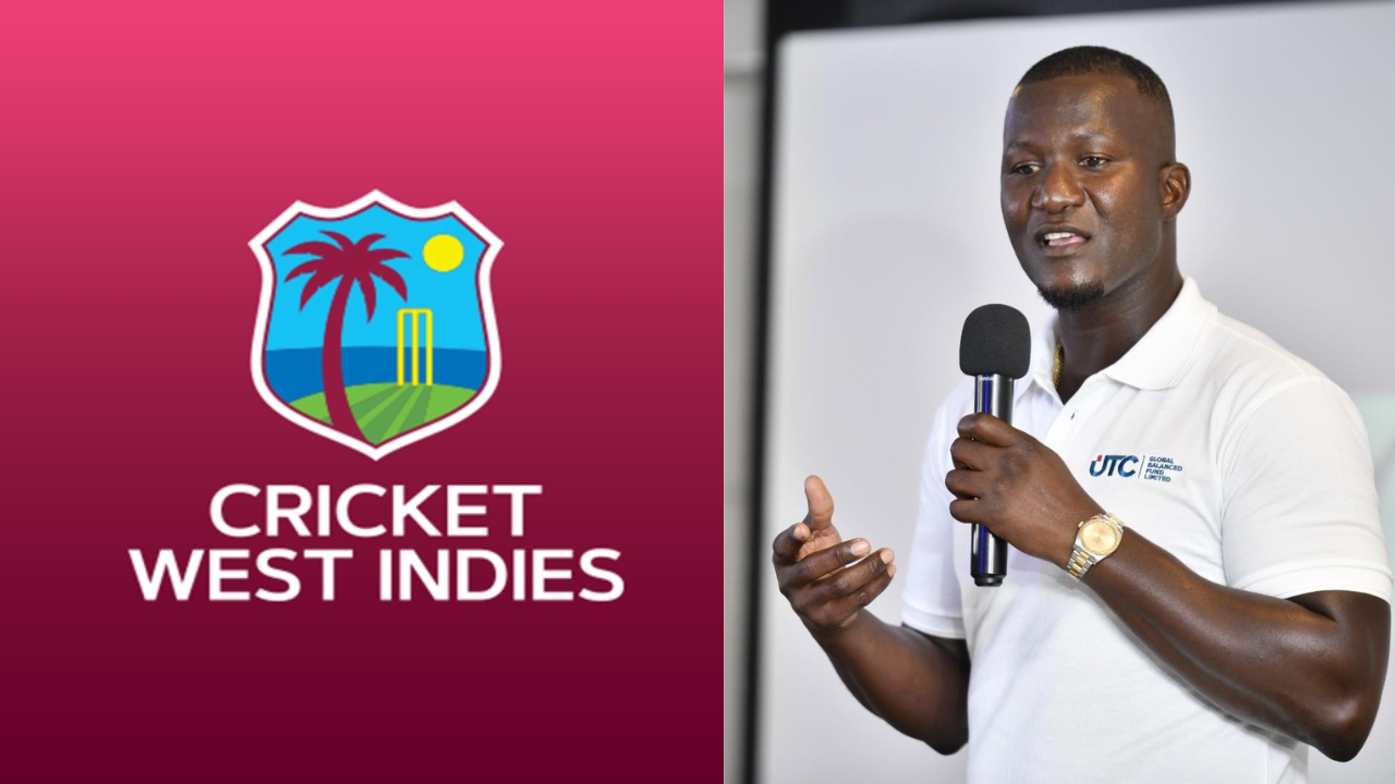 Darren Sammy speaking with a microphone alongside the Cricket West Indies (CWI) logo.