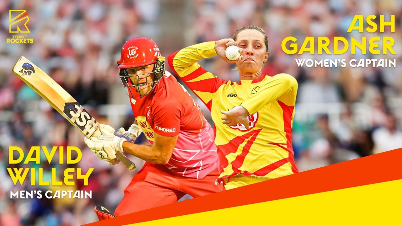 David Willey and Ash Gardner, men's and women's captains of the Trent Rockets, featured in action with team branding.