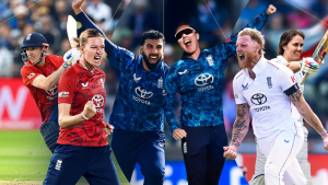 England cricketers including Ben Stokes, Harry Brook, and Saqib Mehmood celebrating and in action across different formats of the game.