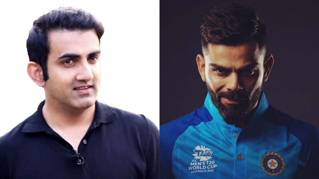 Side-by-side image of Gautam Gambhir in a black shirt and Virat Kohli in India’s T20 World Cup jersey.