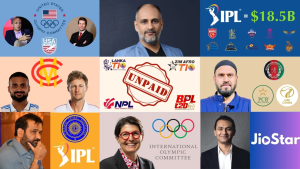 Collage depicting various figures, cricket boards, and leagues around the world, including USA Cricket, IPL, MCC, BPL, Lanka T10, Zim Afro T10, and the International Olympic Committee, with a central “UNPAID” stamp highlighting payment issues in some leagues.