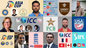Collage featuring cricket boards, tournaments, and key administrators including ICC, USA Cricket, BCCI, PCB, Asia Cup, IPL, LA28 Olympics, and media stakeholders like Sky Sports and social platforms.