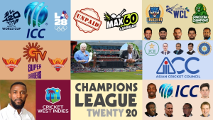 Collage featuring logos of global cricket bodies like ICC, PCB, ACC, Cricket West Indies, and T20 leagues including Champions League T20 and Max60, along with cricket legends and franchise teams.