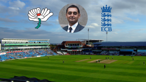 Headingley Cricket Stadium with an image of Sanjay Patel centered above the field, flanked by the Yorkshire County Cricket Club white rose logo and the England and Wales Cricket Board (ECB) logo.