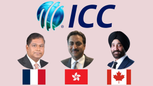 ICC logo with board members Gurumurthy Palani from France, Anuraag Bhatnagar from Hong Kong, and Gurdeep Klair from Canada, alongside their national flags.