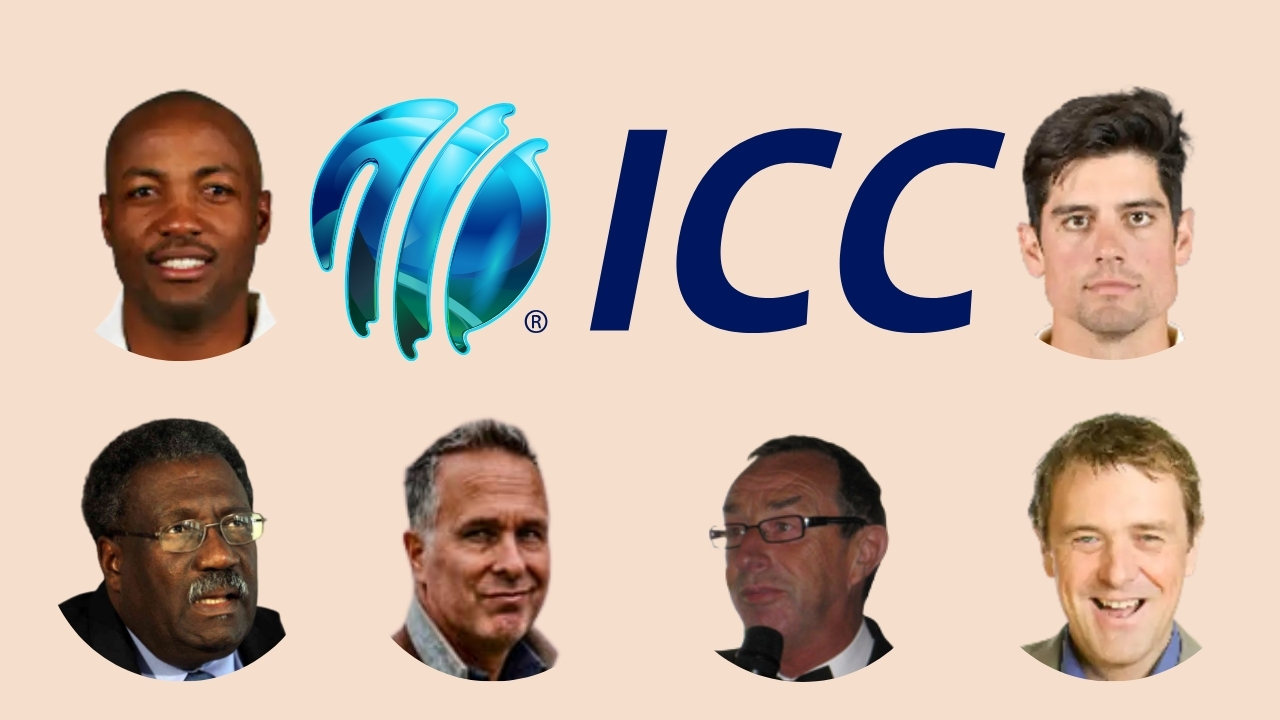 ICC logo displayed with cricket legends Brian Lara, Alastair Cook, Clive Lloyd, David Lloyd, Michael Vaughan, and Phil Tufnell, representing expert panel or commentary team in 2025.