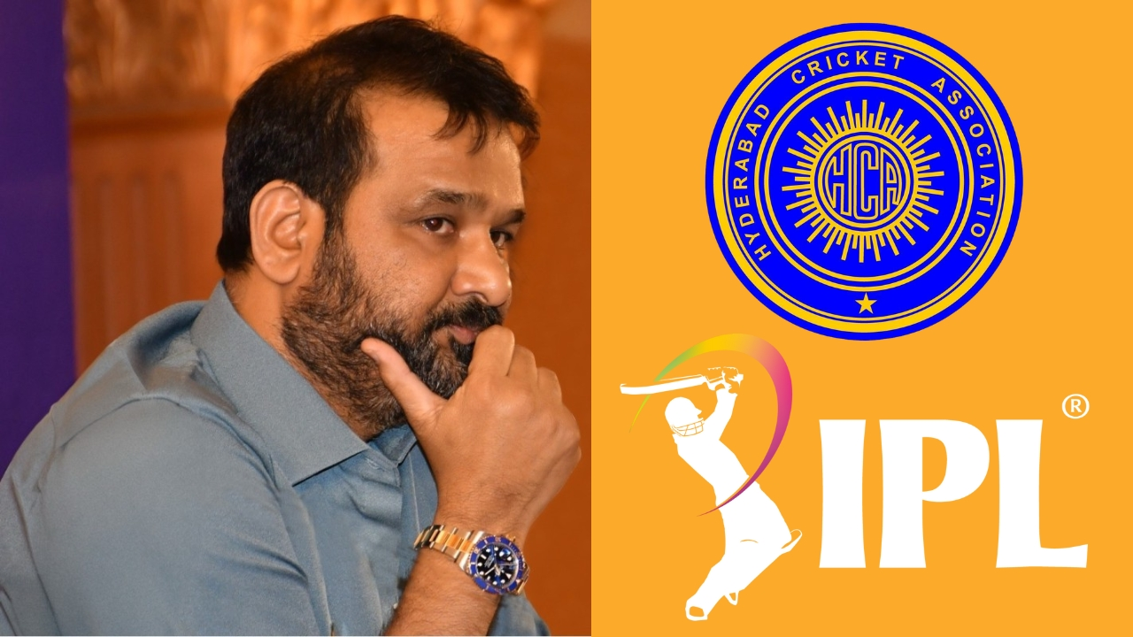 Jagan Mohan Rao in a thoughtful pose with the Hyderabad Cricket Association (HCA) and IPL logos displayed beside him on an orange background.