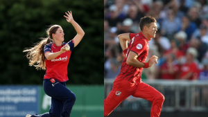 James Anderson and Rocky Flintoff in action during cricket matches, both wearing red team kits and captured mid-motion while bowling.