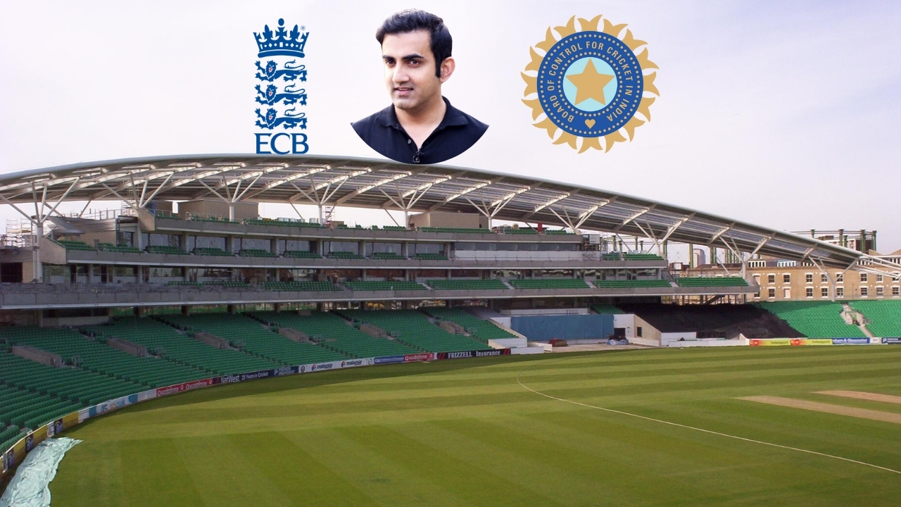 The Kia Oval cricket stadium with ECB and BCCI logos above the stands, featuring Gautam Gambhir in the center.