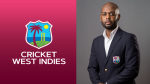 Cricket West Indies President Kishore Shallow in formal attire standing beside the CWI logo on a pink gradient background.