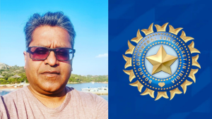 Lalit Modi pictured outdoors next to the official logo of the Board of Control for Cricket in India (BCCI).