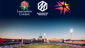 Lancashire Cricket Ground during an evening match with logos of RPSG Group, Lancashire Cricket, and Manchester Originals displayed above the stadium.