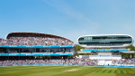Wide-angle view of Lord's Cricket Ground showing packed stands and the iconic media centre under a clear blue sky.