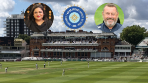 Lord's Cricket Ground with the Differently Abled Cricket Council of India (DCCI) logo, featuring portraits of Ian Martin and Sminu Jindal, promoting disability cricket.