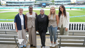 Participants of the MCC Female Broadcaster of the Year 2025 competition standing together at Lord’s Cricket Ground.