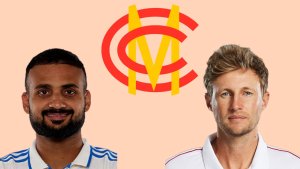 MCC logo with Indian cricketer Akash Deep and English cricketer Joe Root on either side, both in team jerseys.