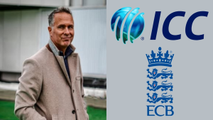 Michael Vaughan standing outdoors alongside logos of the International Cricket Council (ICC) and England and Wales Cricket Board (ECB).