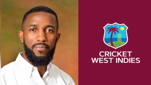 Portrait of Miles Bascombe alongside the Cricket West Indies (CWI) logo, representing his role in West Indies cricket leadership.