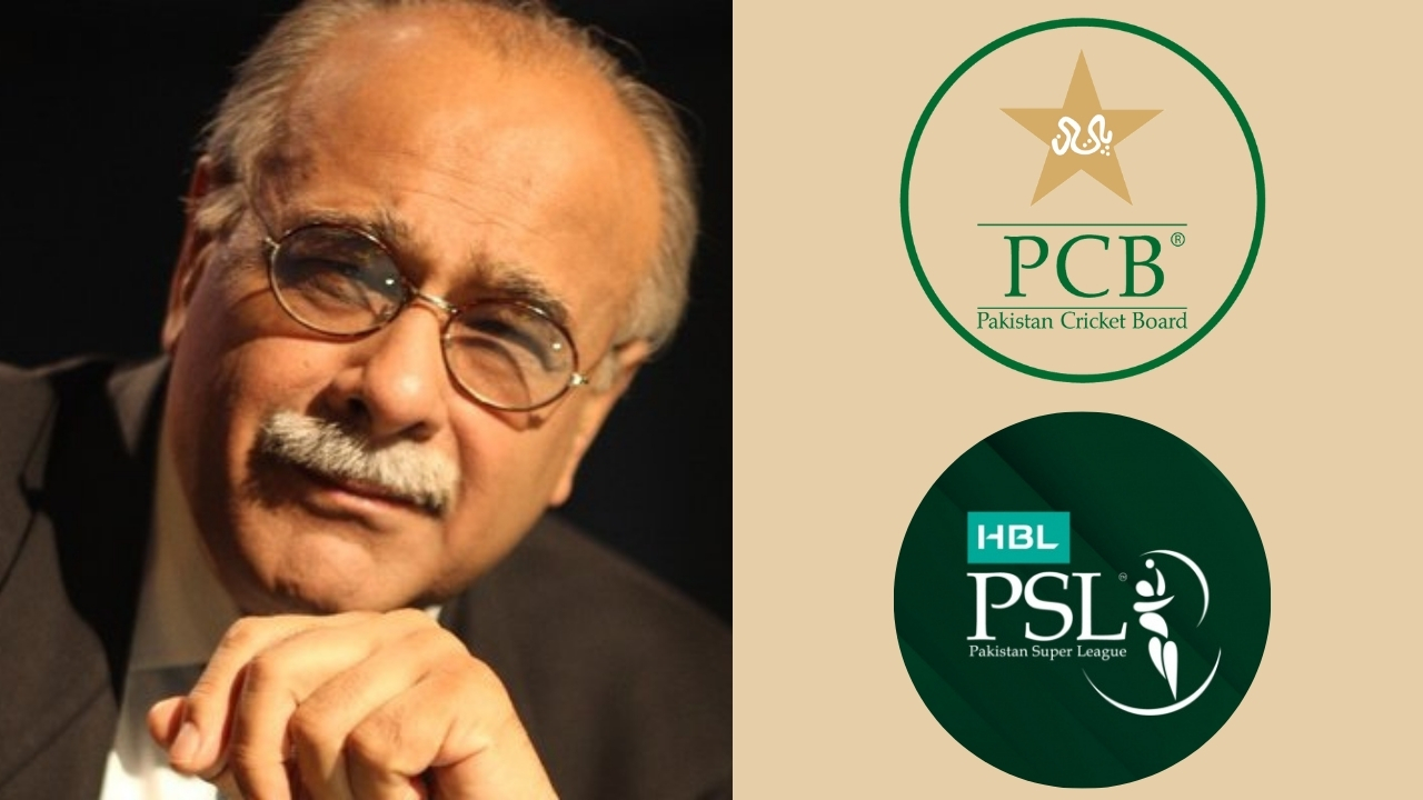 Portrait of Najam Sethi alongside logos of the Pakistan Cricket Board (PCB) and HBL Pakistan Super League (PSL).