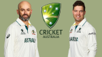 Nathan Lyon and Alex Carey in Australian Test cricket uniforms with the Cricket Australia logo in the background.
